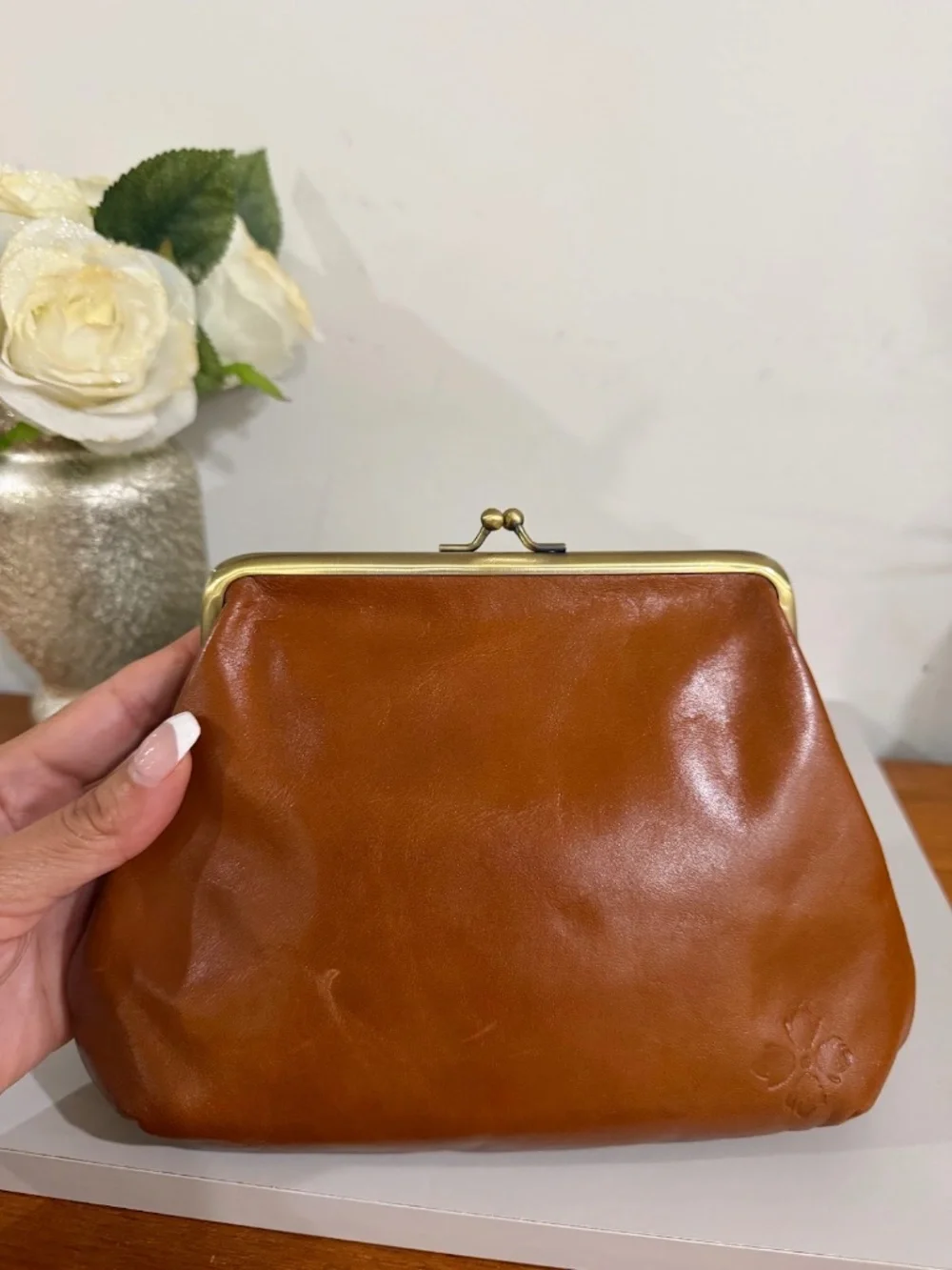 Patricia Nash Savena Framed Kisslock Clutch Wristlet Brown Leather Handbag